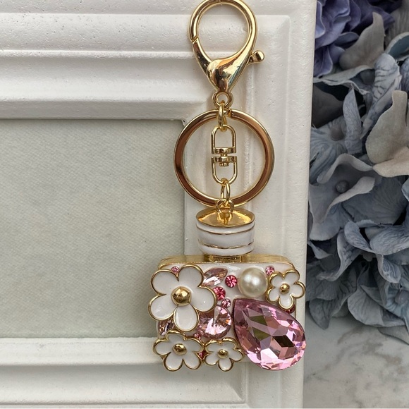 Pink Crystal Flower Perfume Bottle Keychain Charm - Picture 4 of 16